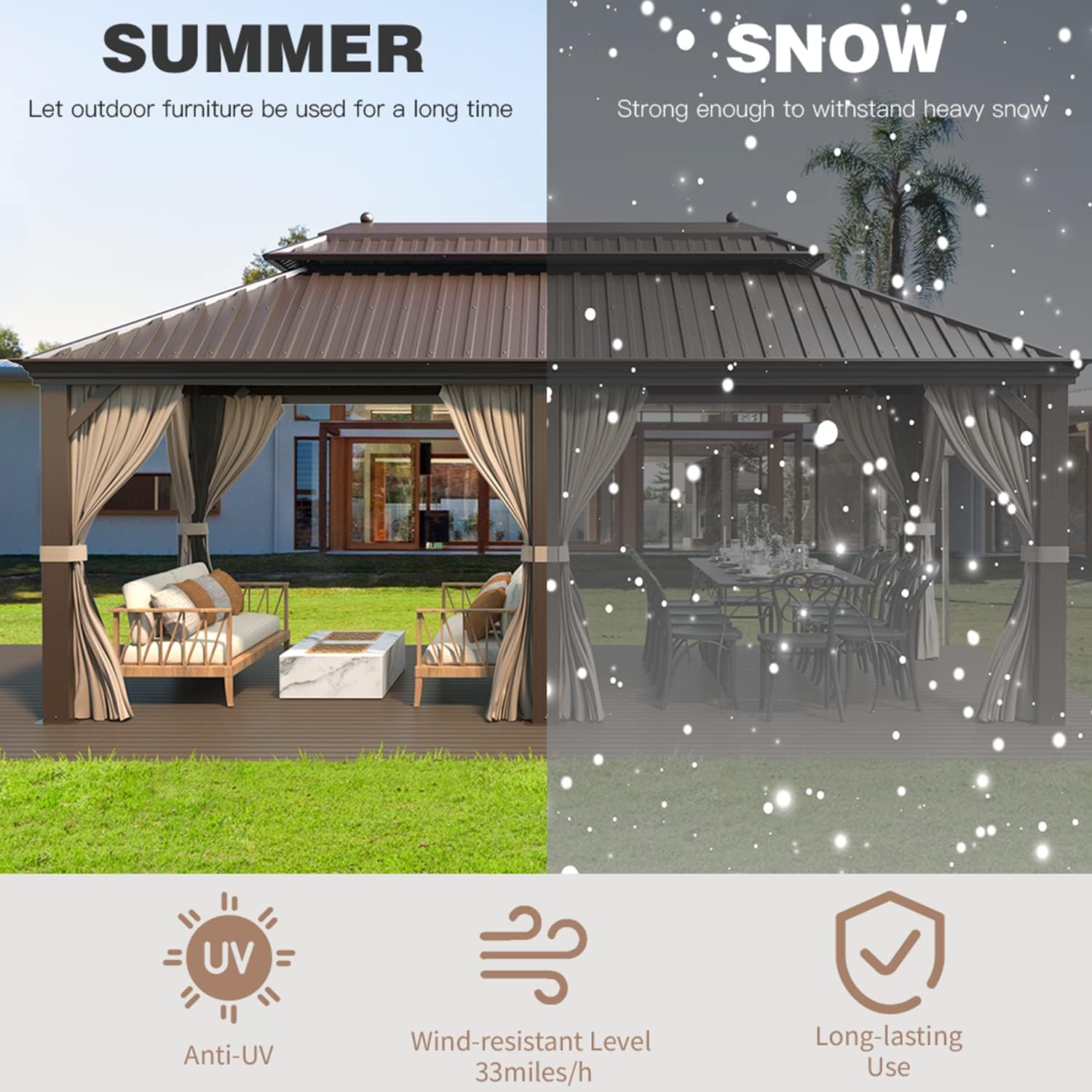 EROMMY Hardtop Gazebo Galvanized Steel Outdoor Gazebo Canopy Double Vented Roof Pergolas Aluminum Frame with Netting and Curtains for Garden,Patio,Lawns,Parties (10'x 13')