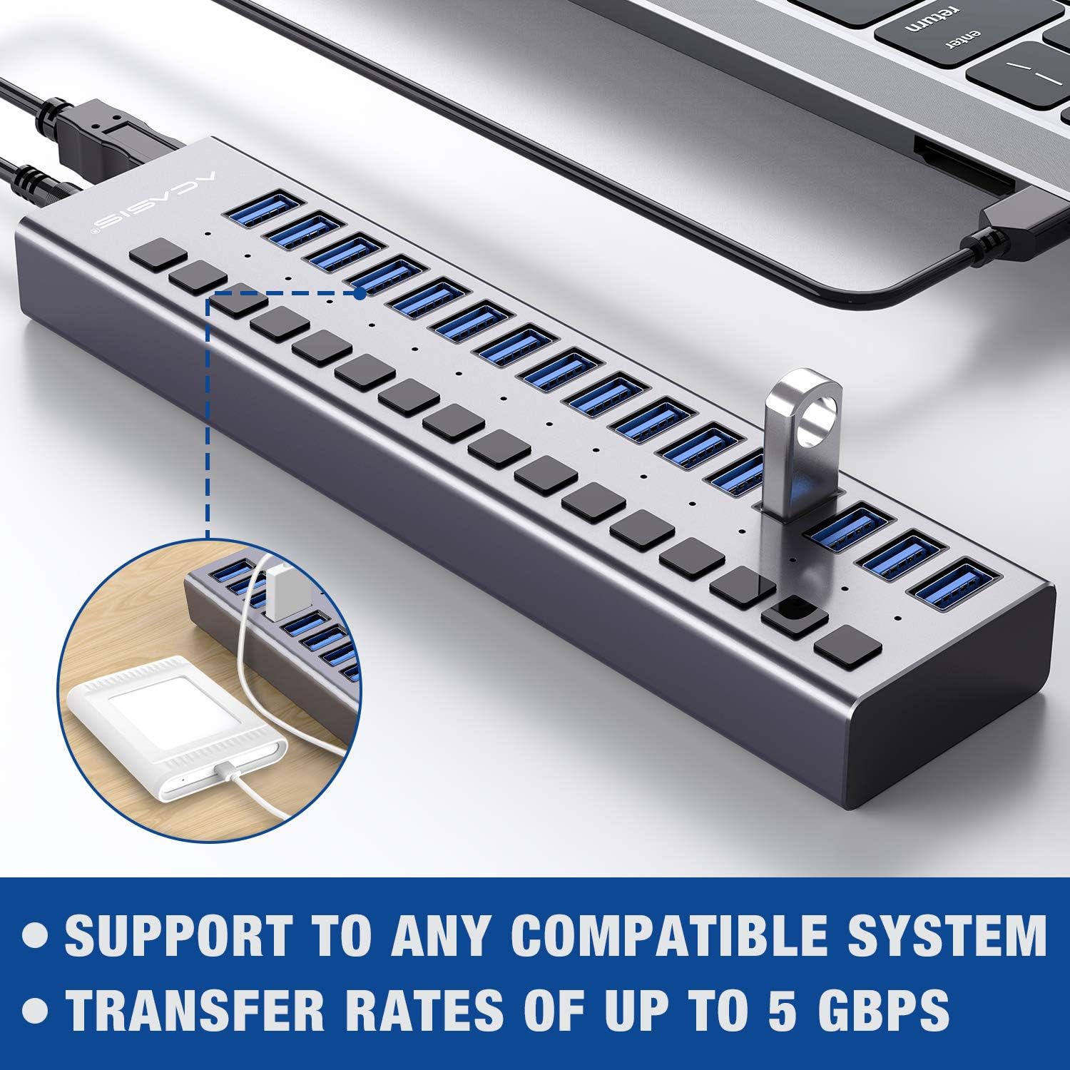 Powered USB Hub - ACASIS 10 Ports 48W USB 3.0 Data Hub - with Individual On/Off Switches and 12V/4A Power Adapter USB Hub 3.0 Splitter for Laptop, PC, Computer, Mobile HDD, Flash Drive and More
