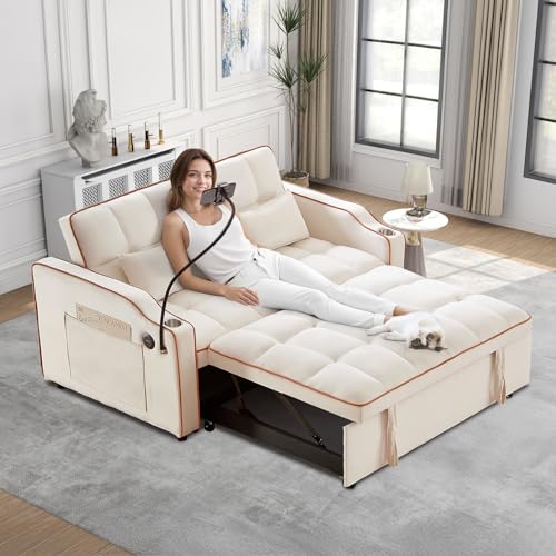 Convertible Sleeper Sofa Bed, 3 in 1 Velvet Pull Out Loveseat Couch Modern Comfy Futon Sofa with Adjustable Backrest & Phone Holder & USB Charging Space Saving for Living Room, Small Apartment, Grey