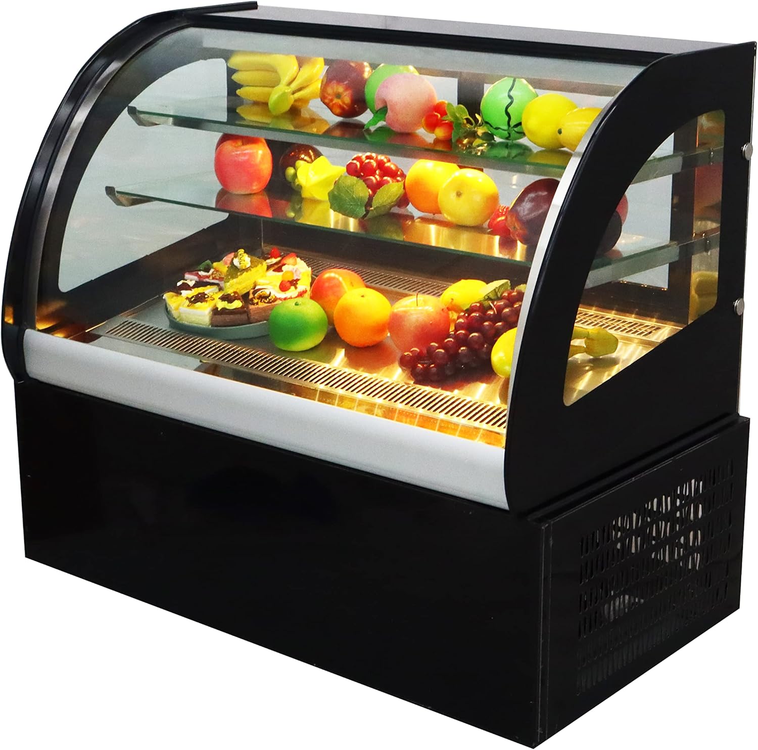 TECHTONGDA Refrigerated Bakery Display Case Pastry Showcase Commercial Countertop Cooling Front Curved Glass Cabinet with LED Light Rear Sliding Door 220V