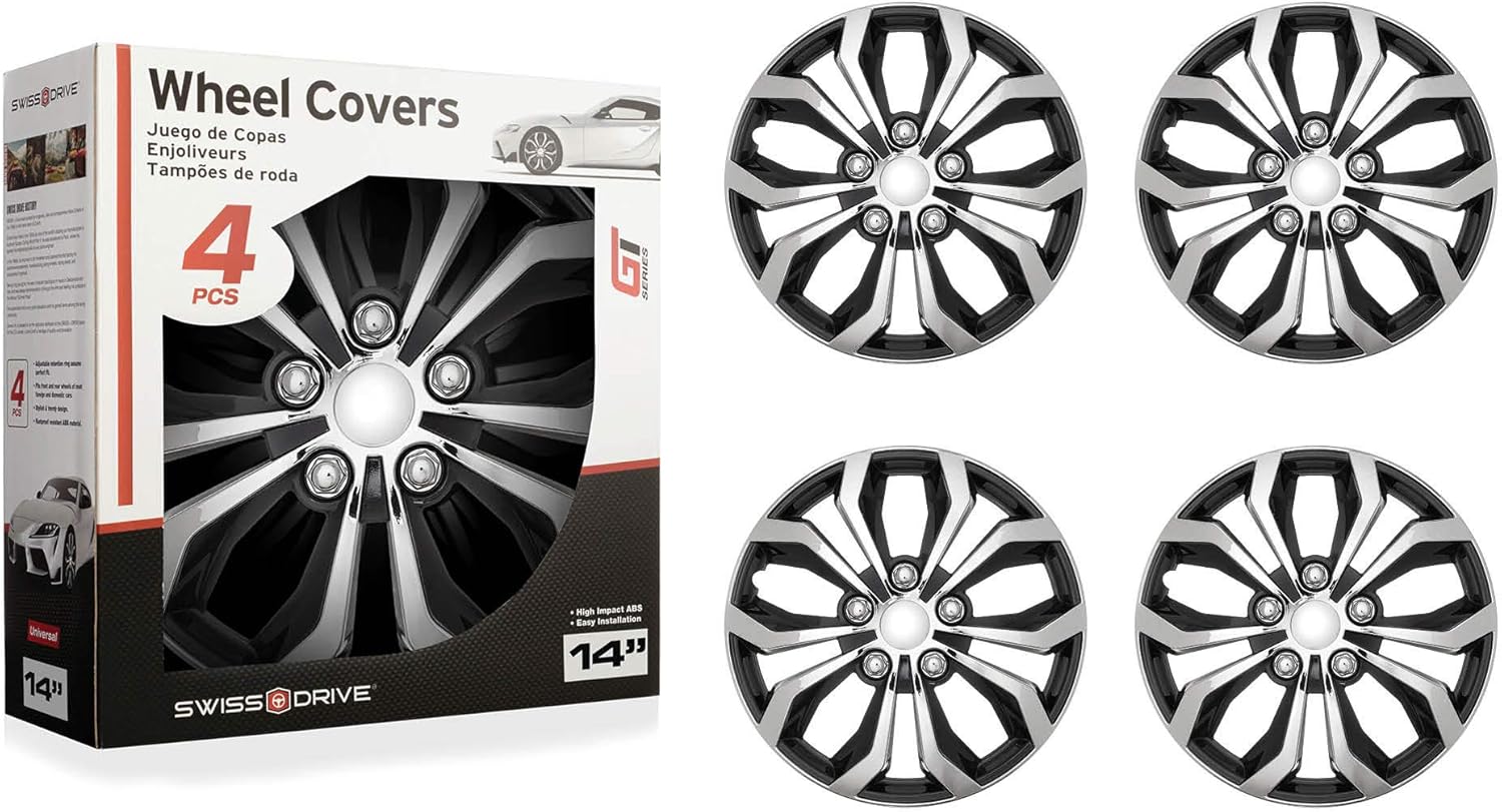 Swiss Drive Set of 4 Hubcaps 14 Wheel Cover “SPA” Chrome and Black ABS Easy to Install Universal(Check Rim and Tire Size)