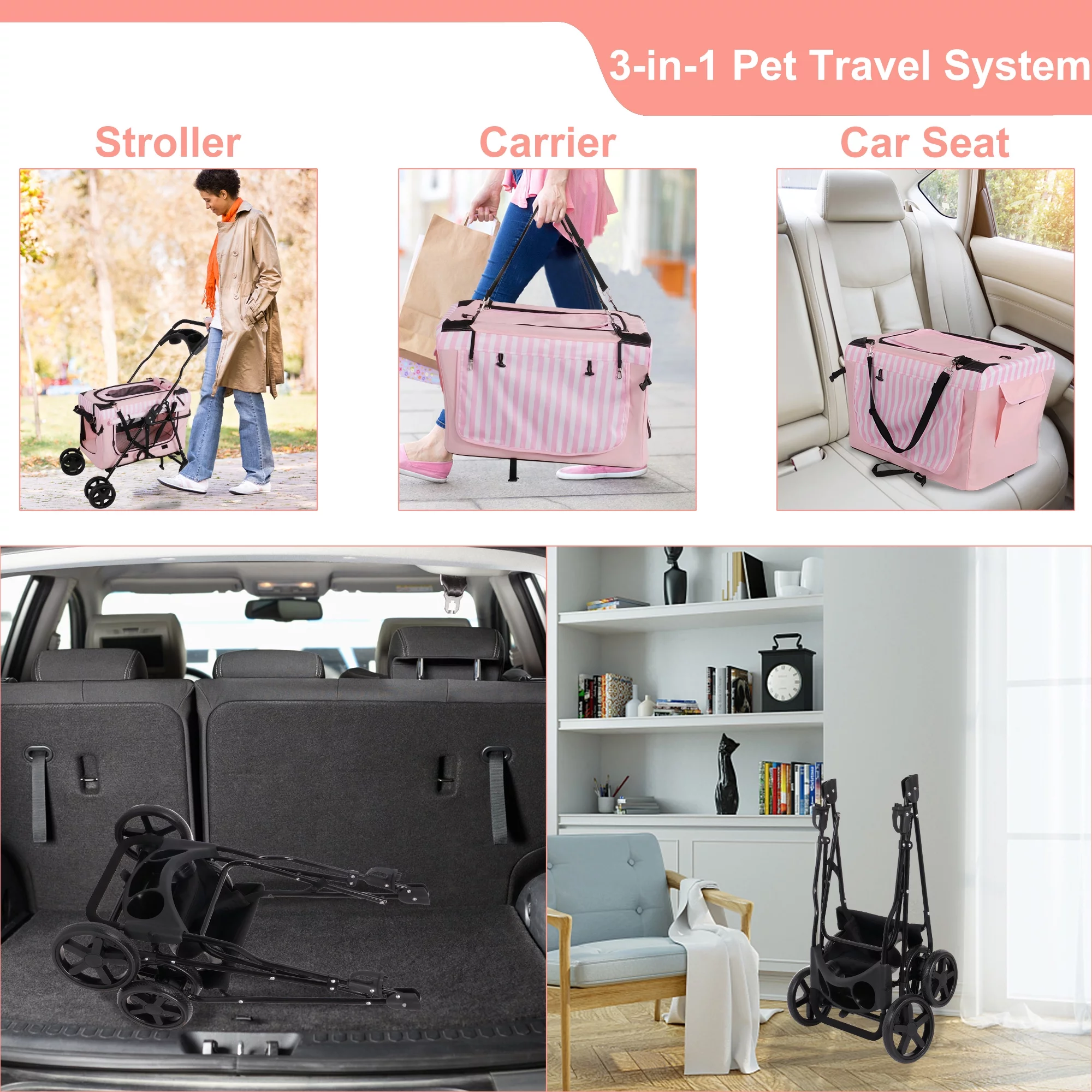 3-in-1 Folding Pet Dog Stroller, 4-Wheel Travel Dog Stroller with Water Cup Holder and Detachable Carrier Bag, Jogger with Pet Cat Kitten Puppy Carriages, Pink - Curated Treasures Market