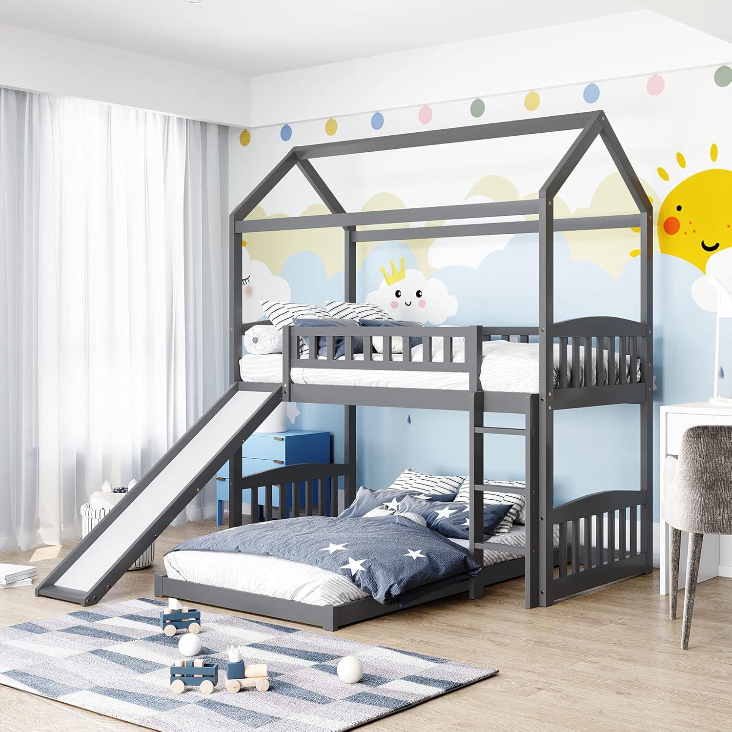 KLMM Twin Over Twin Metal Bunk Bed with Slide and Integrated Ladder, Housebed Bunk Bed for Kids Toddlers, Can be Decorated with Mosquito nets (Black with Black Slide)