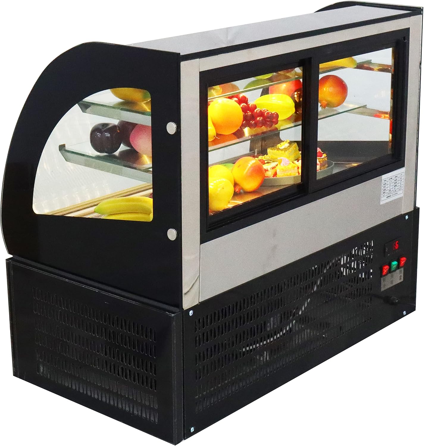 TECHTONGDA Refrigerated Bakery Display Case Pastry Showcase Commercial Countertop Cooling Front Curved Glass Cabinet with LED Light Rear Sliding Door 220V