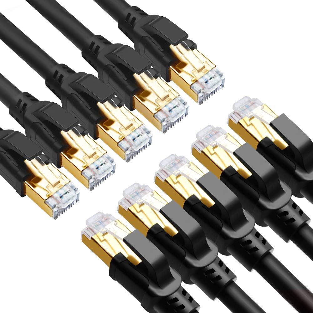 CAT 8 Ethernet Cable, 15ft (10 Pack) Ultra High Speed 40Gbps 2000MHz SFTP 26AWG CAT8 Cable LAN Internet Network Cord with Gold Plated RJ45 Connector for Gaming, Router, Modems, PC (15ft/10 Pack/Black)