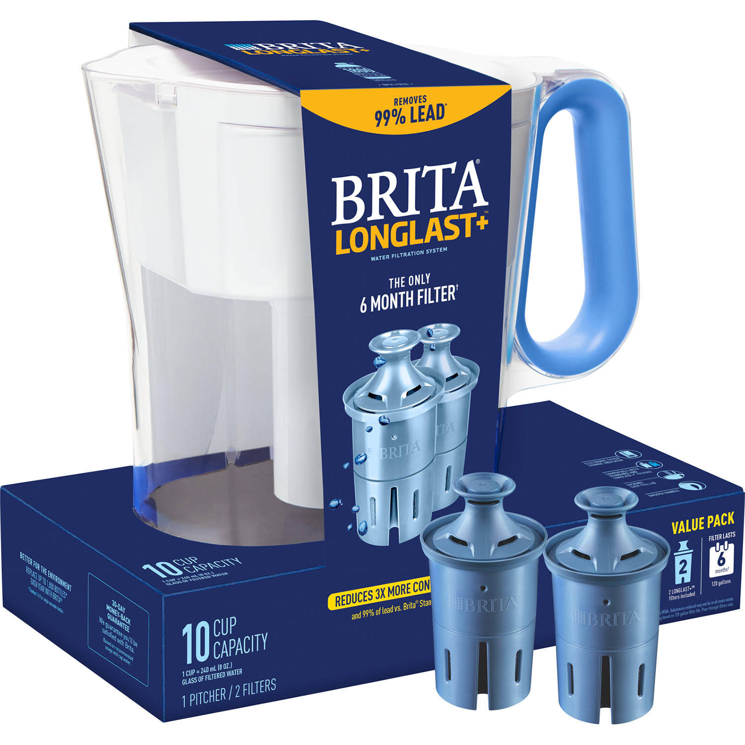 Brita Large 10 Cup Water Filter Pitcher with 2 Longlast+ Filters, Made Without Bpa, Wave-Blue