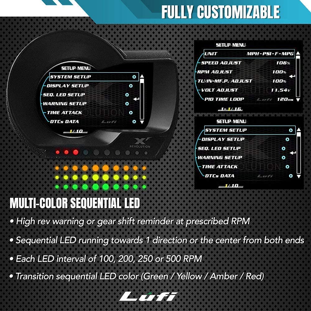 Lufi XF Revolution OBD2 Gauge Display, Multi-Data Monitor, Head Up Display, Highly Customizable, Accurate and Fast Response [for Cars 2009 and After]
