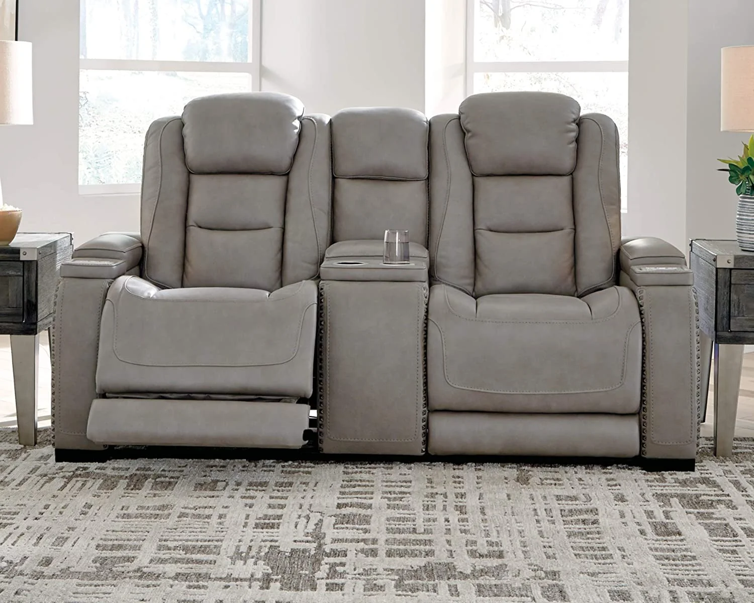 Signature Design by Ashley The Man-Den Leather Power Reclining Loveseat in Gray