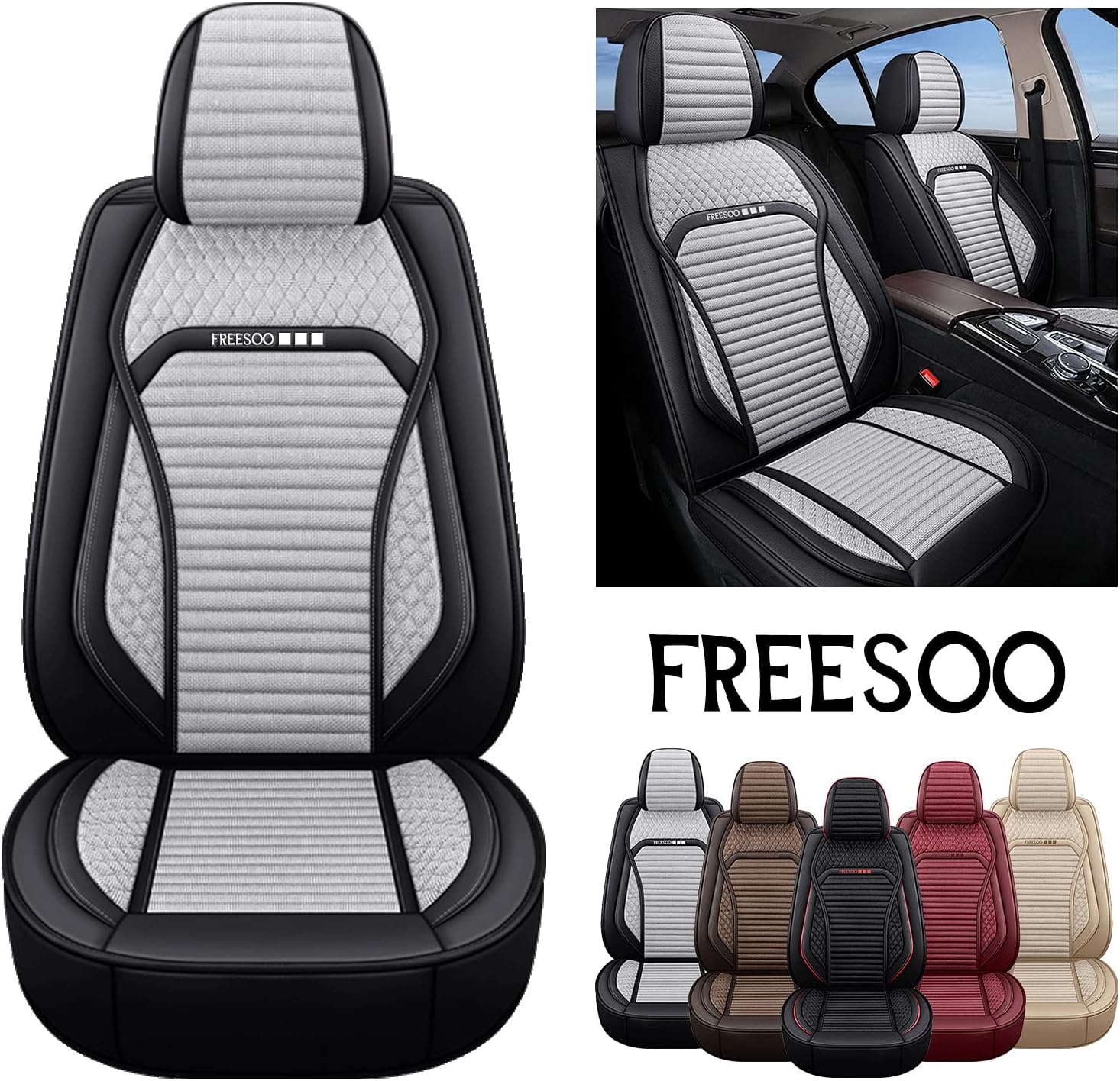 FREESOO Car Seat Covers Leather&Linen, Fashion Full Set Coverage Seat Cover Cushion Auto Accessories Universal Fit for 5 Seats Vehicle Year Round Use (Beige 12)