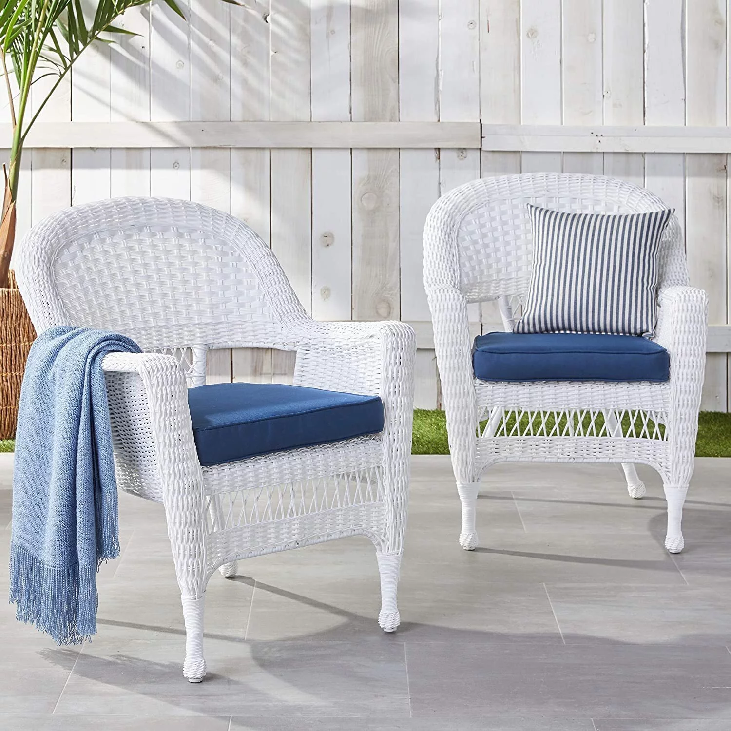 Jeco White Wicker Chair with Blue Cushion - Set of 2