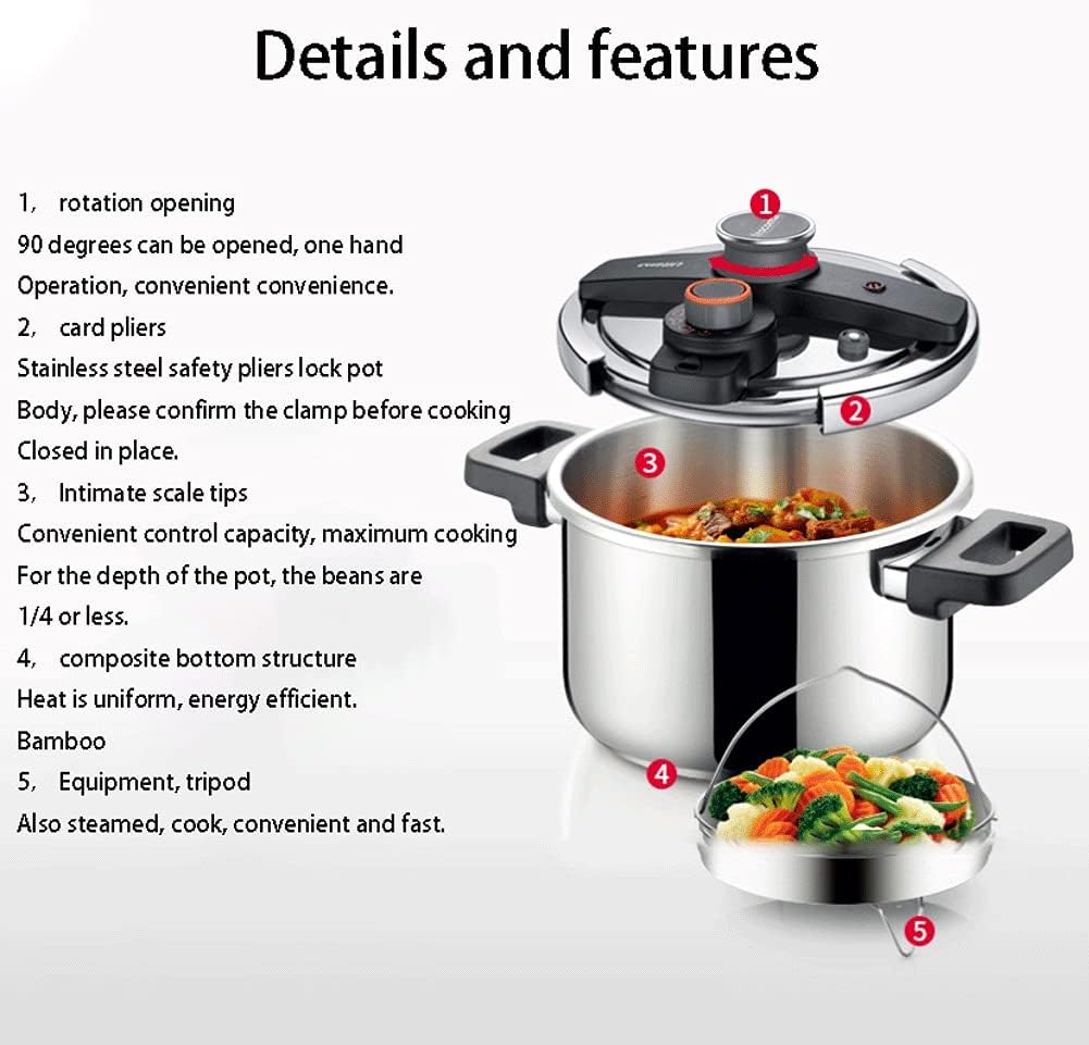 6 Litre Classic Stainless Steel Pressure Cooker,Triple Safety System，Easy to Clean Easy Cooking Kitchen Ware，Universal for Gas Induction Cooker