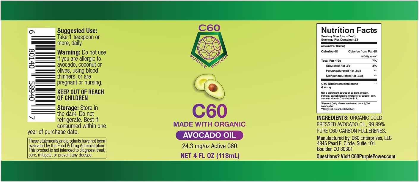 C60 Purple Power Organic Avocado Oil, 4 Fl Oz Organic Cold-Pressed Avocado Oil, 99.99% Pure c60 Carbon Fullerenes, Lift the Oxidative Burden at the Cellular Level, Optimize Mitochondrial Function