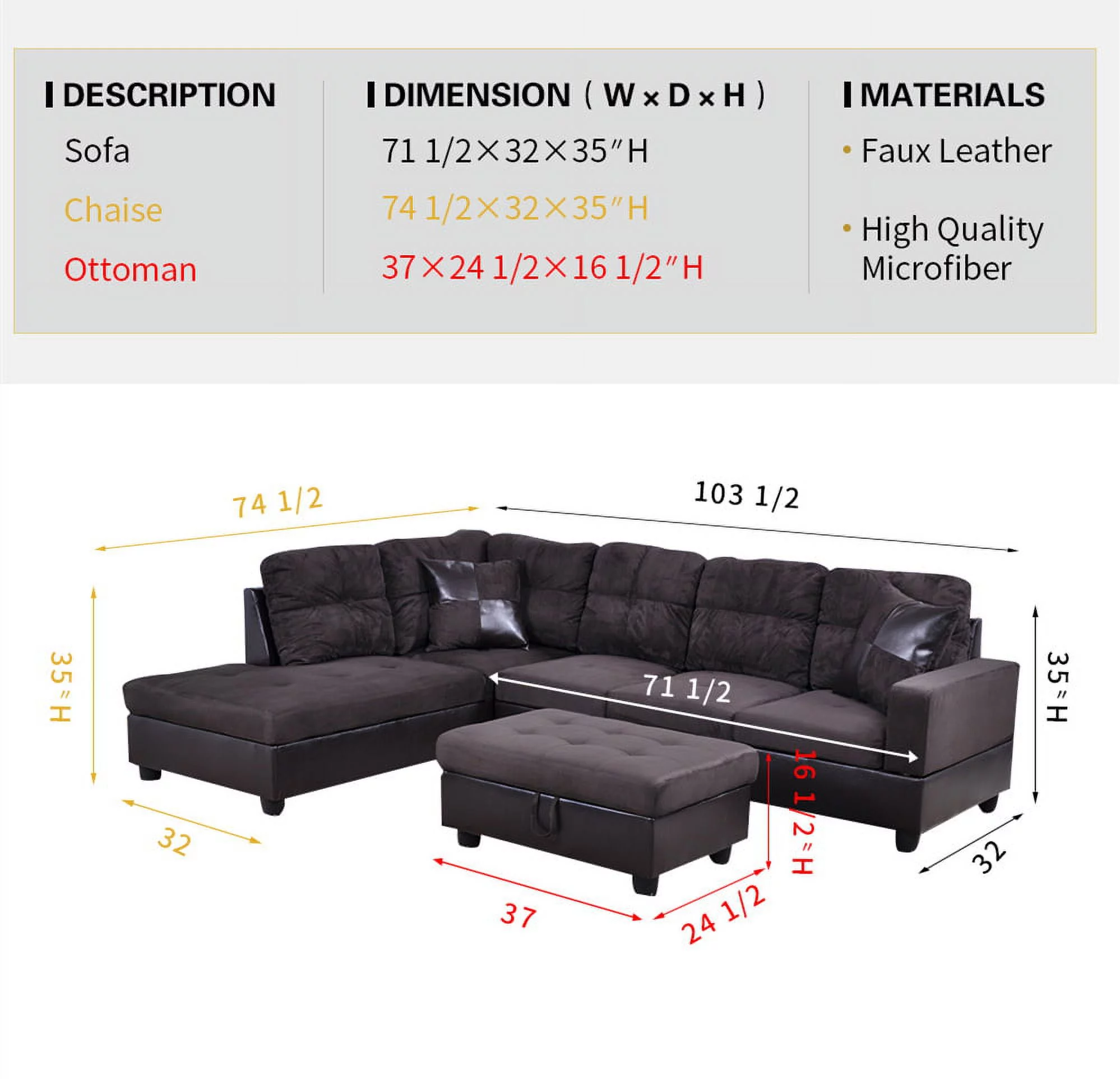 PonLiving Furniture Ezekiel 103.5'' Right & Left Hand Facing Sectional Sofa with Storage Ottoman, Microfiber & Leather Upholstered