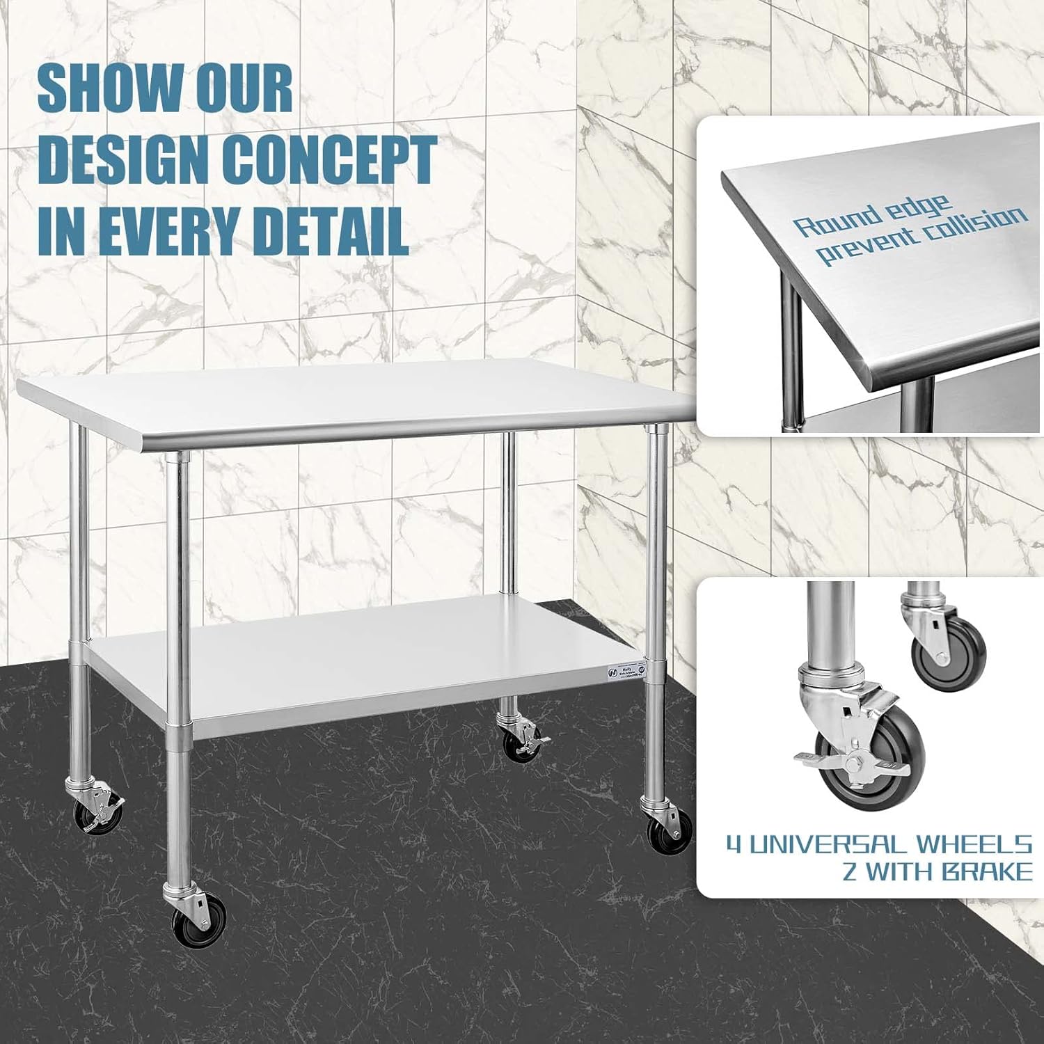 Hally Stainless Steel Table for Prep & Work 24 x 36 Inches with Caster Wheels, NSF Commercial Heavy Duty Table with Undershelf and Galvanized Legs for Restaurant, Home and Hotel