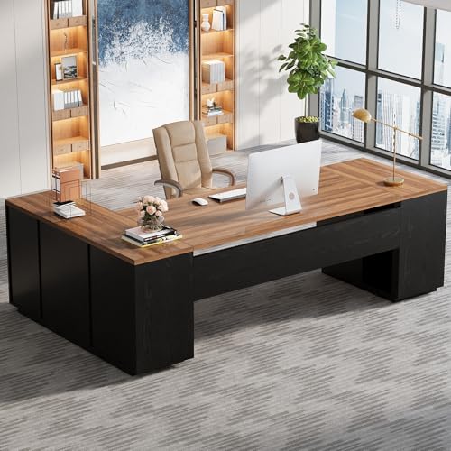 Tribesigns 85.8-Inch L-Shaped Executive Desk with File Drawers, Door Cabinet & Shelves, Extra Large Commercial Office Desk, Modern Professional Office Table, White & Brown Business Furniture
