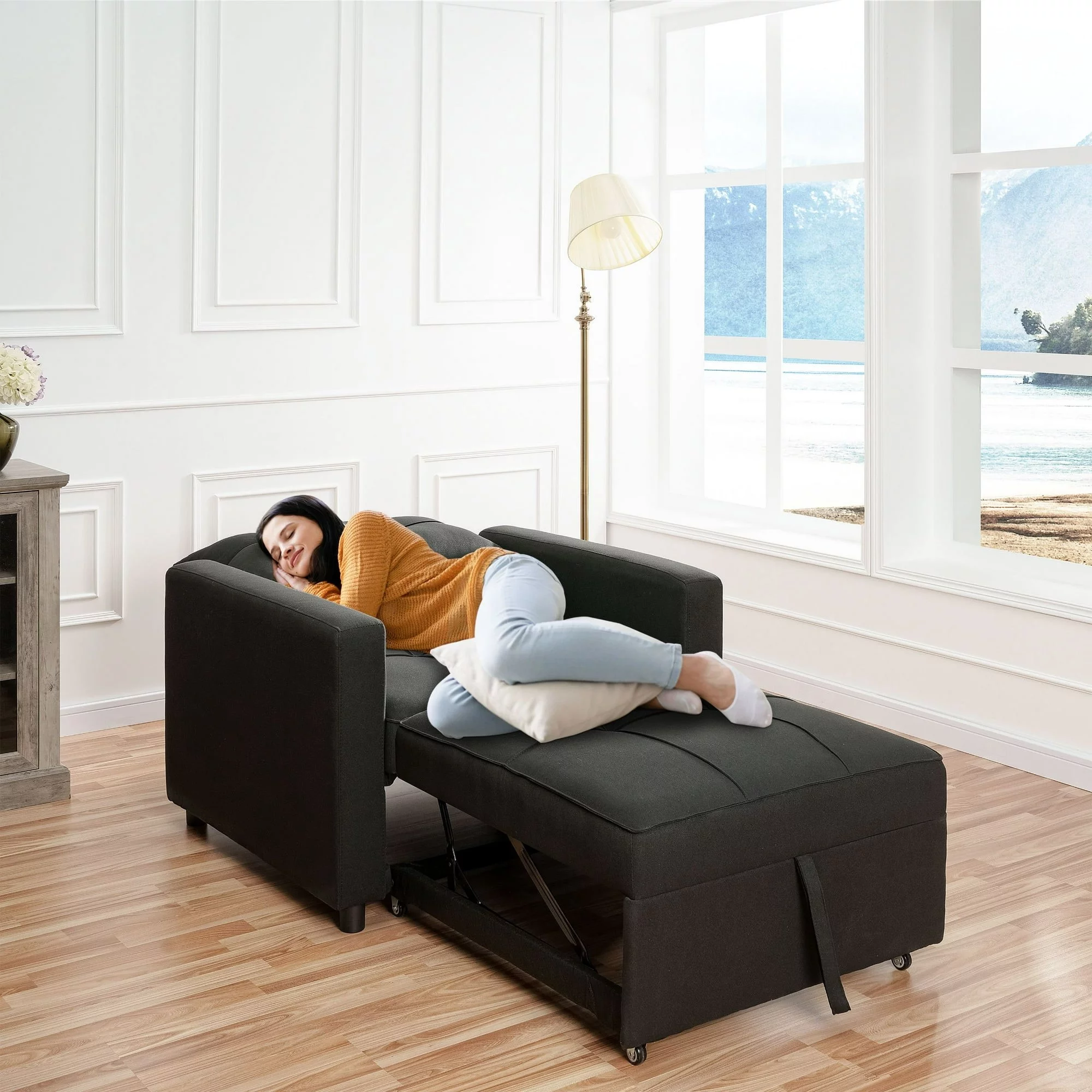Anna 3 in 1 Convertible Chair Bed Sleeper, Pull Out Sofa Bed, Pull Out Couch, Sleeper Chair with with Pillow, Pull Out Bed with Adjustable Backrest Living Room - Black