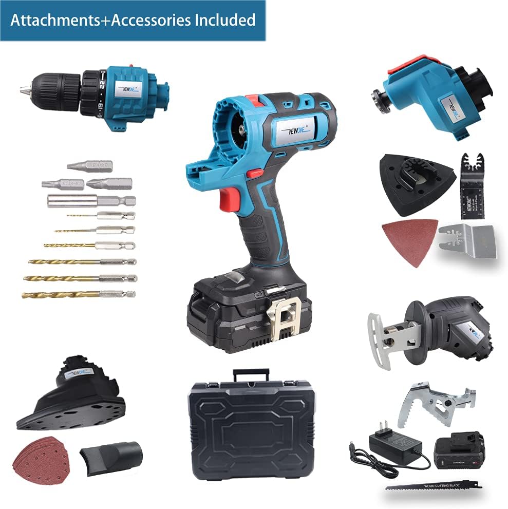 NEWONE 20V MAX Power Tool Combo Kits with Case, 4-Tool Attachments Drill, Reciprocating saw, Oscillating tool, Sander With Accessoreis For Cutting, Scraping, Moving, Drilling and Sanding