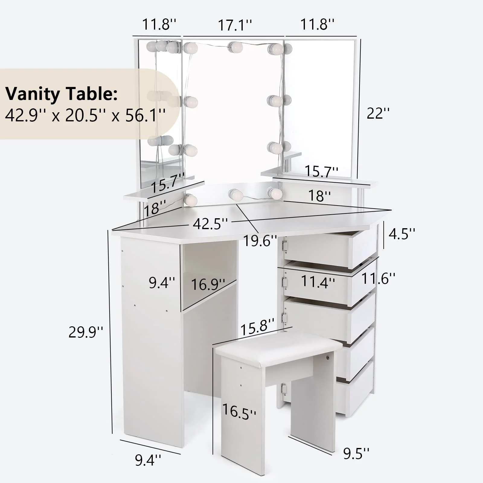 Corner Vanity Table Stool Lights Set for Modern Bedroom