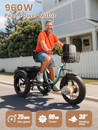 Electric Tricycle for Adults 960W Peak, 36V 15AH Battery Ebike 50 Miles Range with Large Rear Basket, Electric Trike 20" Fat Tire, Max 25MPH 3 Wheel Folding Electric Trike for Adults(Lava)