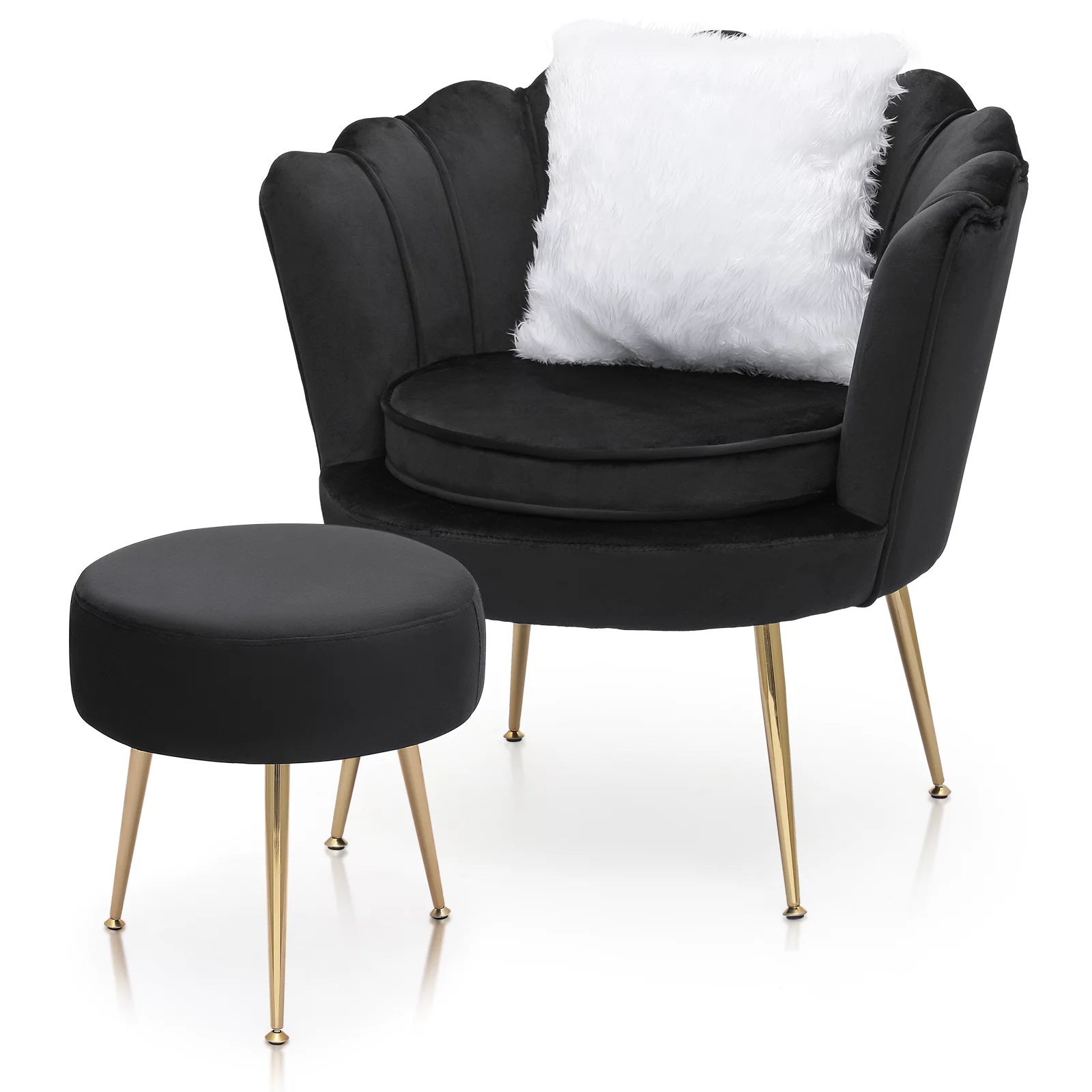 Magshion [CHAIR+PILLOW+FOOTSTOOL SET] Home Tufted Velvet Solo Sofa Ottoman Set with Cushion, Livingroom Accent Chair with Footrest Stool, Black