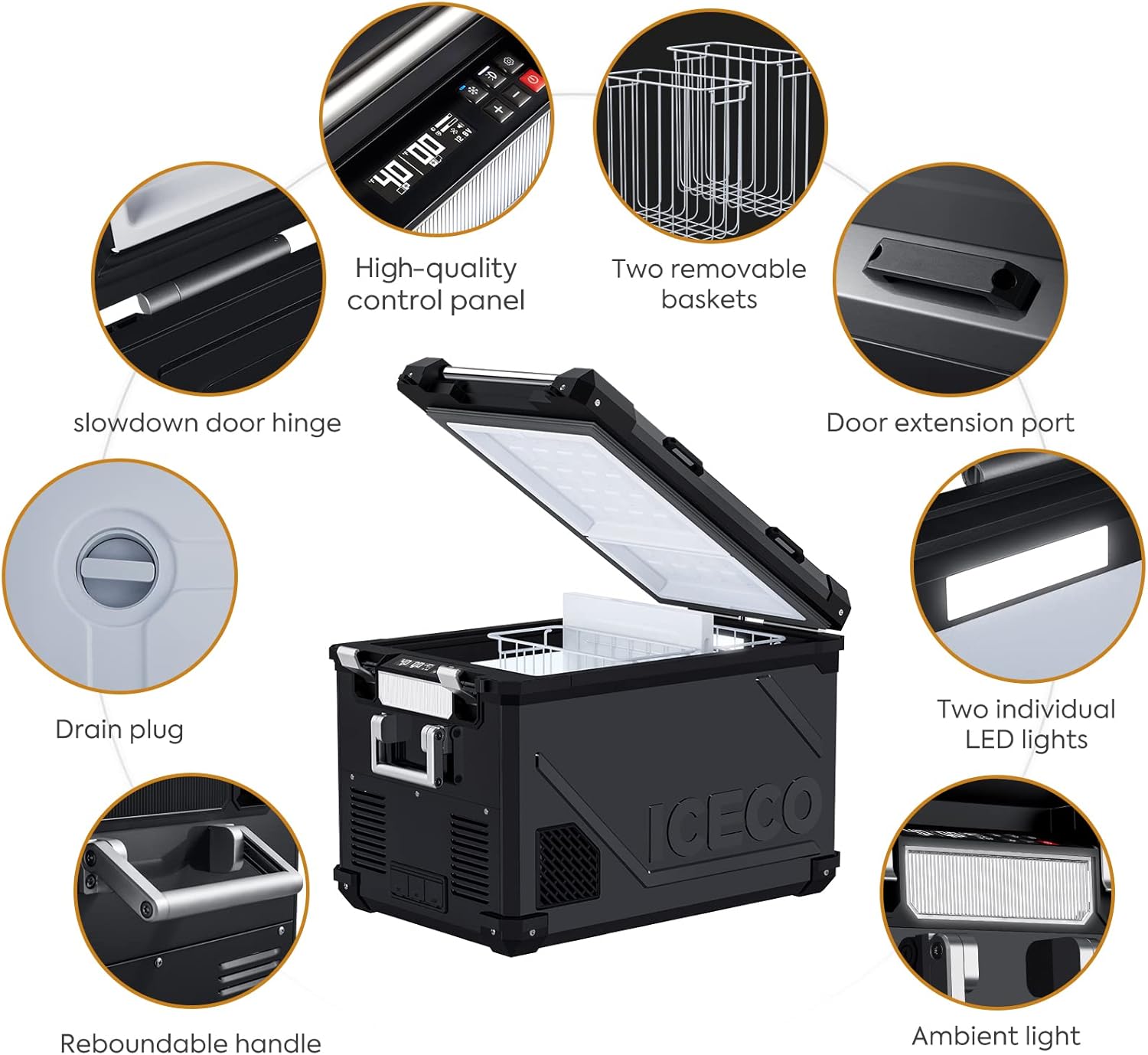 ICECO APL55 58 Quart Portable freezer Car Refrigerator with SECOP Compressor Dual Zone Cooler | AC 110V/ DC 12V | 0℉ to 50℉ | True Freezer for Car, Home, Camping, RV | With Slide| Black