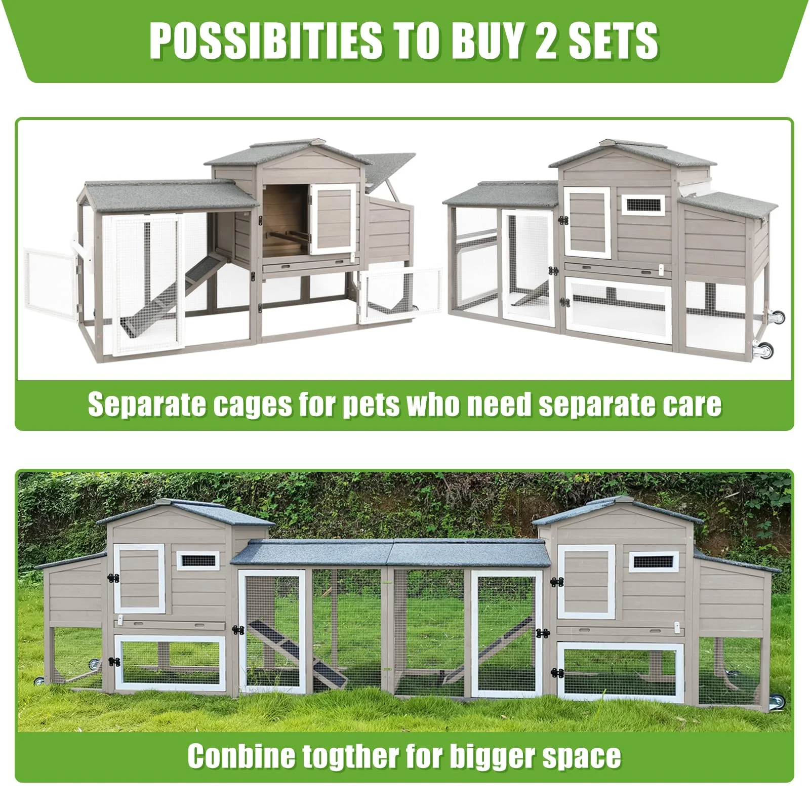 PetsCosset Large Chicken Coop with Wheels, Backyard Wooden Hen House Outdoor for 2-3 Chickens, 2 Story Poultry Cage Chicken Coop and Run, Nesting Box, Pull Out Trays, for Small Animals Rabbit Duck