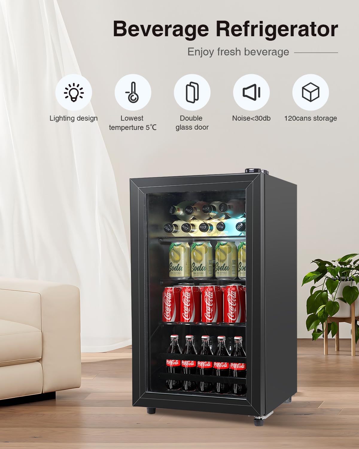 Beverage Refrigerator Cooler - 120 Can Freestanding Beverage Cooler with Glass Door - Small Drink Dispenser Machine for Office or Bar with Adjustable Removable Shelves