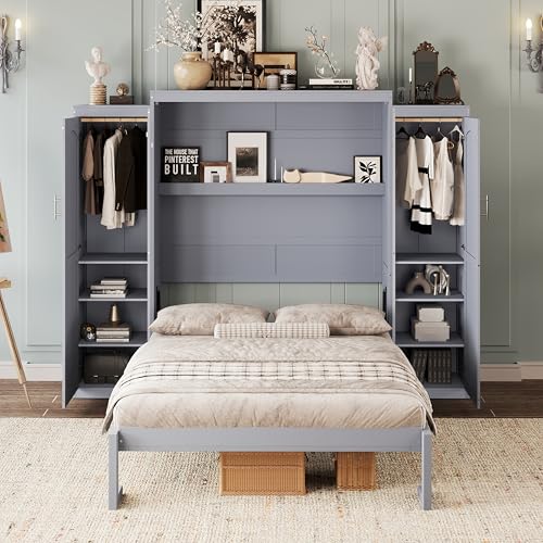 KLMM Wooden Murphy Bed Wall Bed with 2 Wardrobe and Storage Shelf,Foldable Platform Bedframe for Guest-Room Bedroom Study Office Use (White#E, Full)