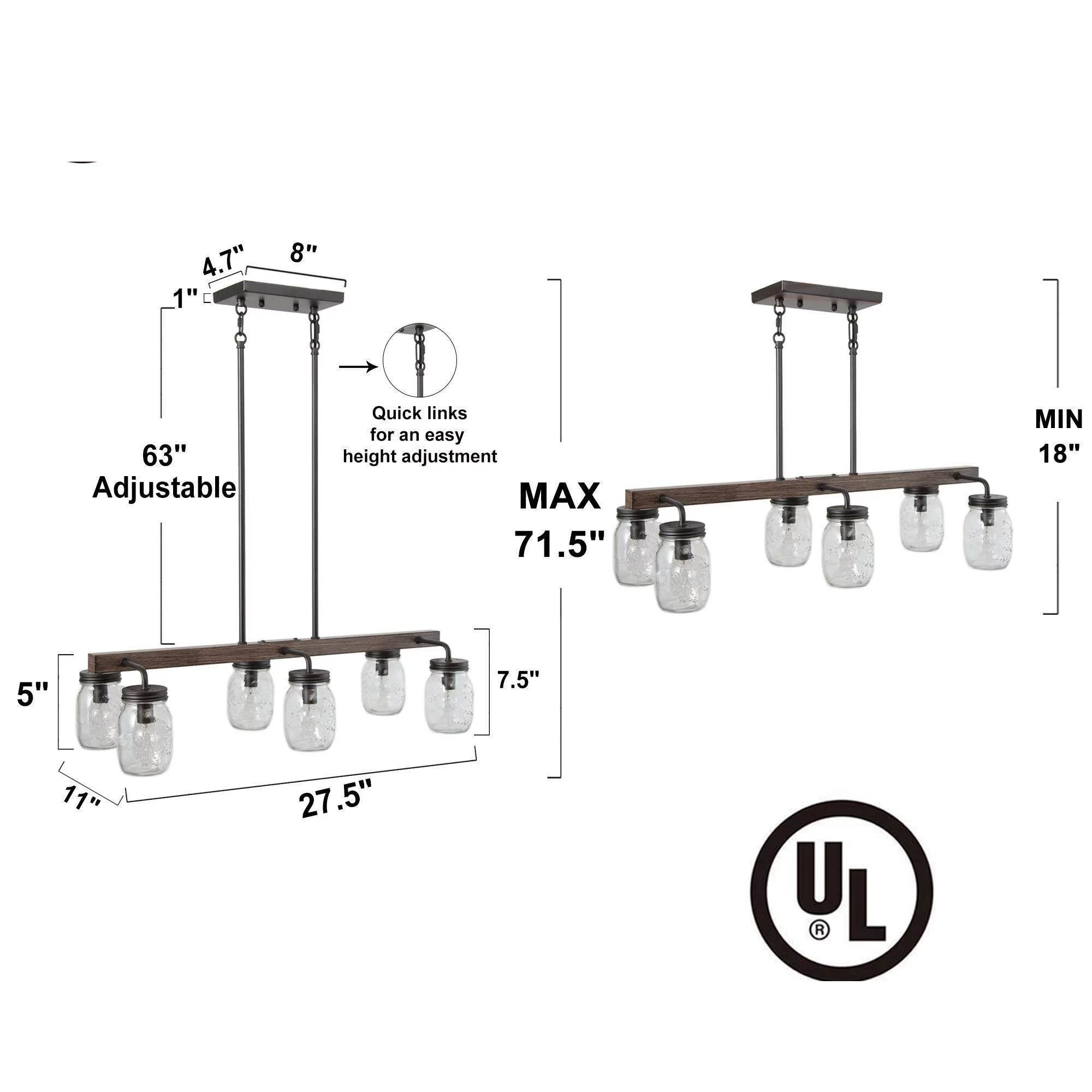 Modern Farmhouse 6-Light Chandelier Glass Bar Kitchen Island Lights - L27.5" x W11"x H 71.5"