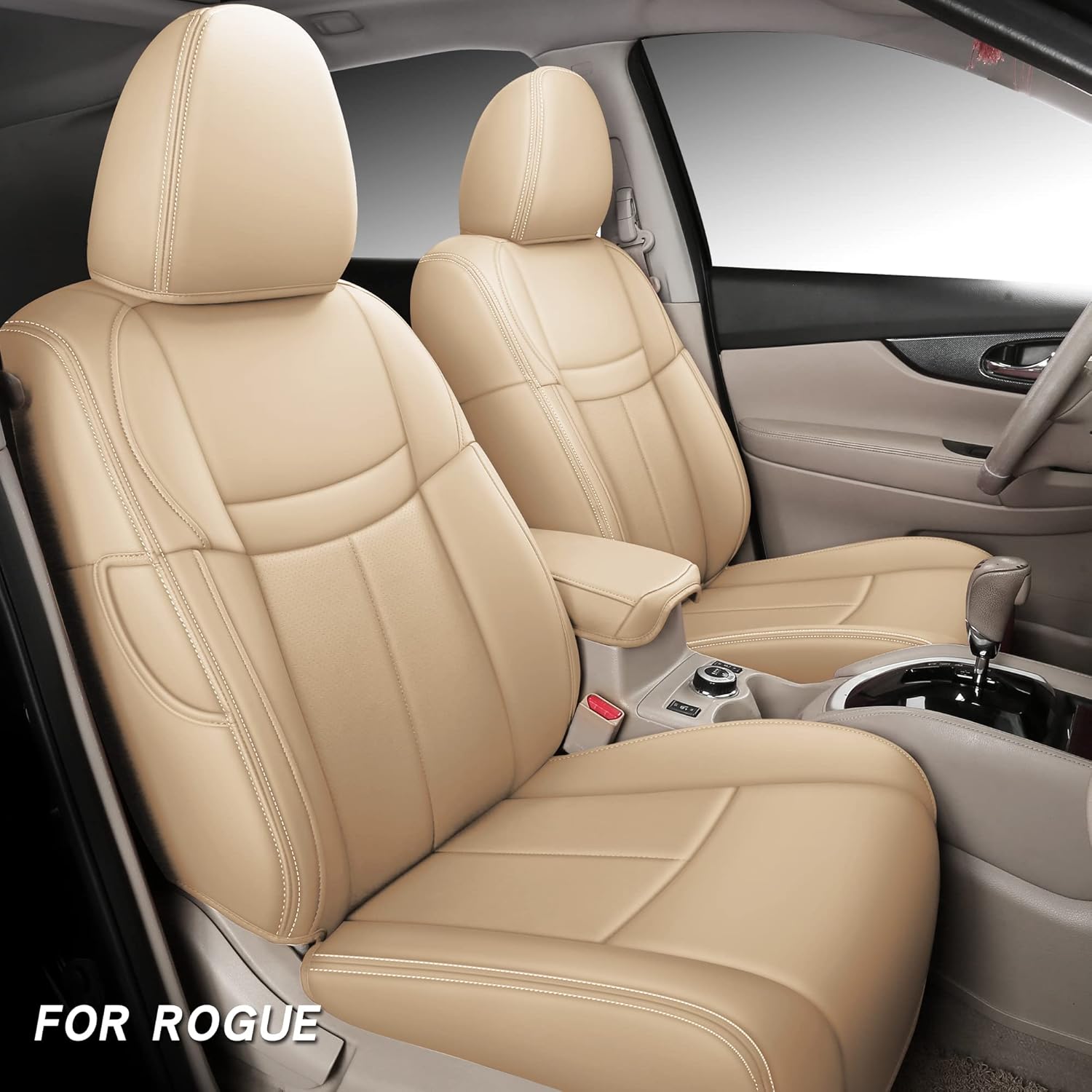 Isen-CoverAuto Full Coverage Faux Leather Custom Car Seat Covers Full Set Fit for 2014 2015 2016 2017 2018 2019 2020 Nissan Rogue ((Not for Sport) Beige)