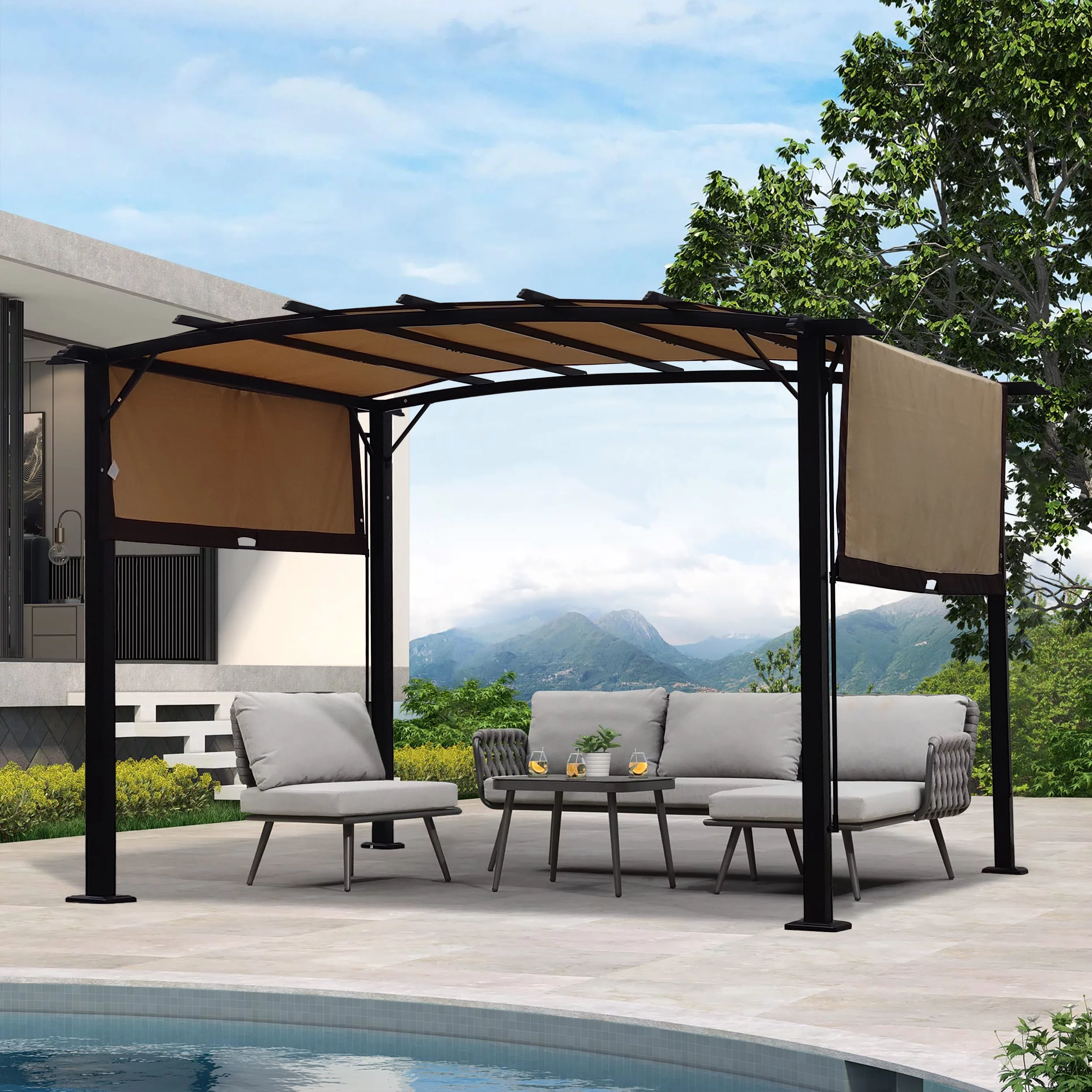 12 x 9 Ft Outdoor Pergola Patio Gazebo,Retractable Shade Canopy,Steel Frame Grape Gazebo,Sunshelter Pergola for Gardens,Terraces,Backyard - Curated Treasures Market