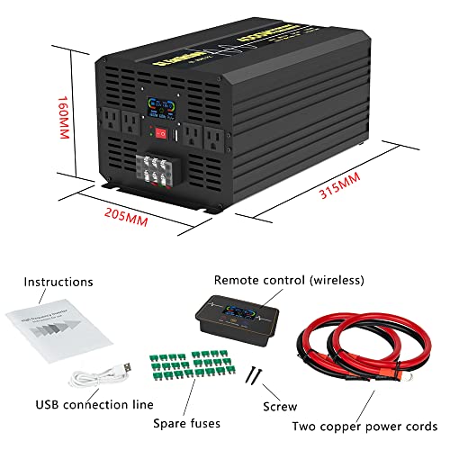 SL Euthtion 3000W/6000W(Peak) Pure Sine Wave Car Power Inverter 12V DC to 120V AC 60HZ with LCD Display, USB Port, Wireless Remote Control（10M for Car Home Laptop Truck …