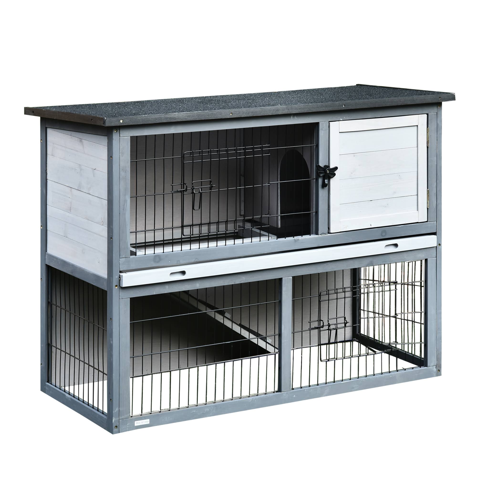 PawHut 2-Tier Wooden Rabbit Hutch with Upper House Area and Lower Play Area with Cage - Great for Bunnies/Small Animals