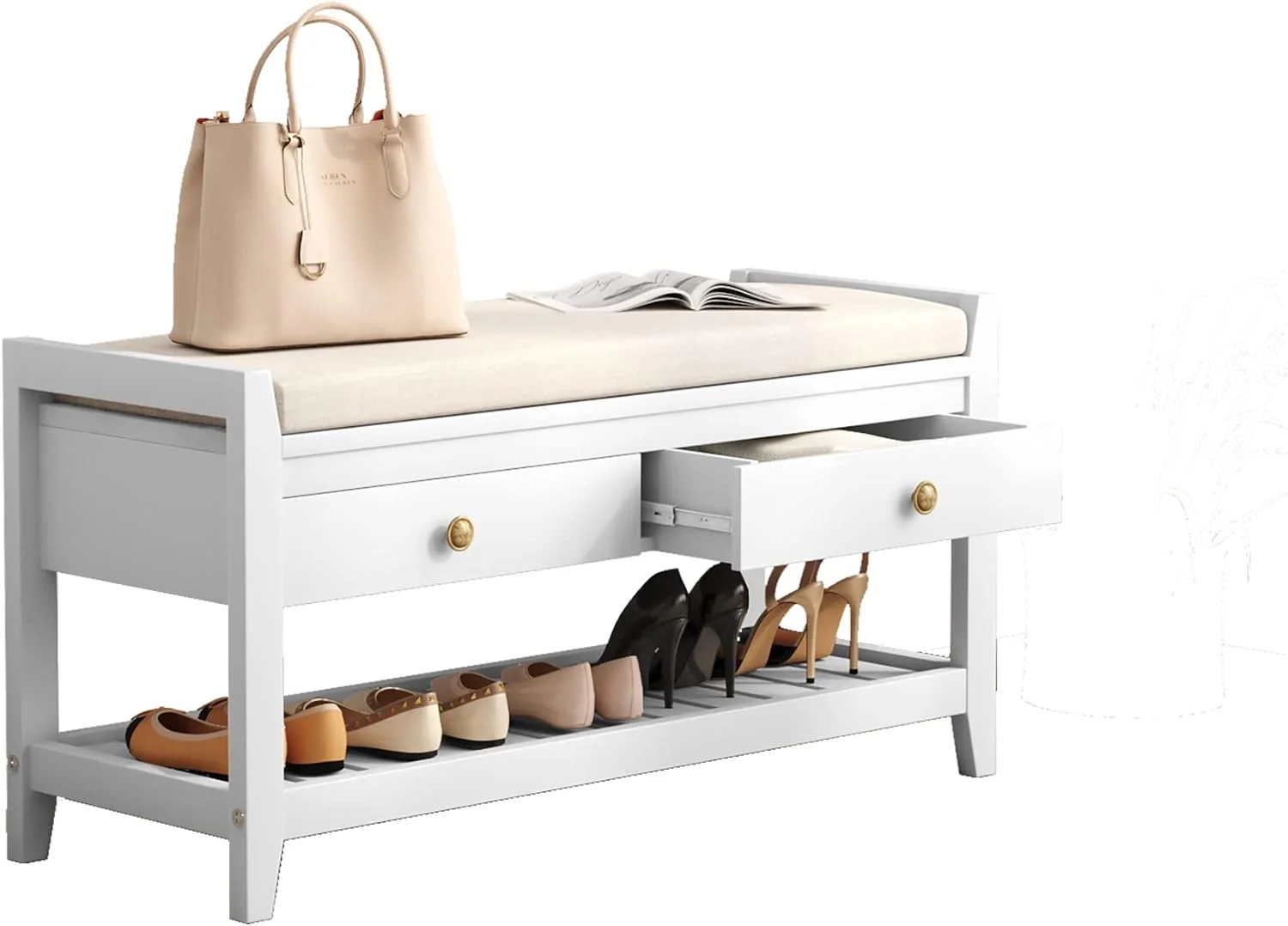 YGDU Shoe Storage Bench with Cushioned Seat, Entryway Bench with Storage, Wooden End of Bed Bench, Shoe Cabinet Bench with 2 Drawers and Storage Shelf, for Bedroom, Hallway, Living Room, Blue