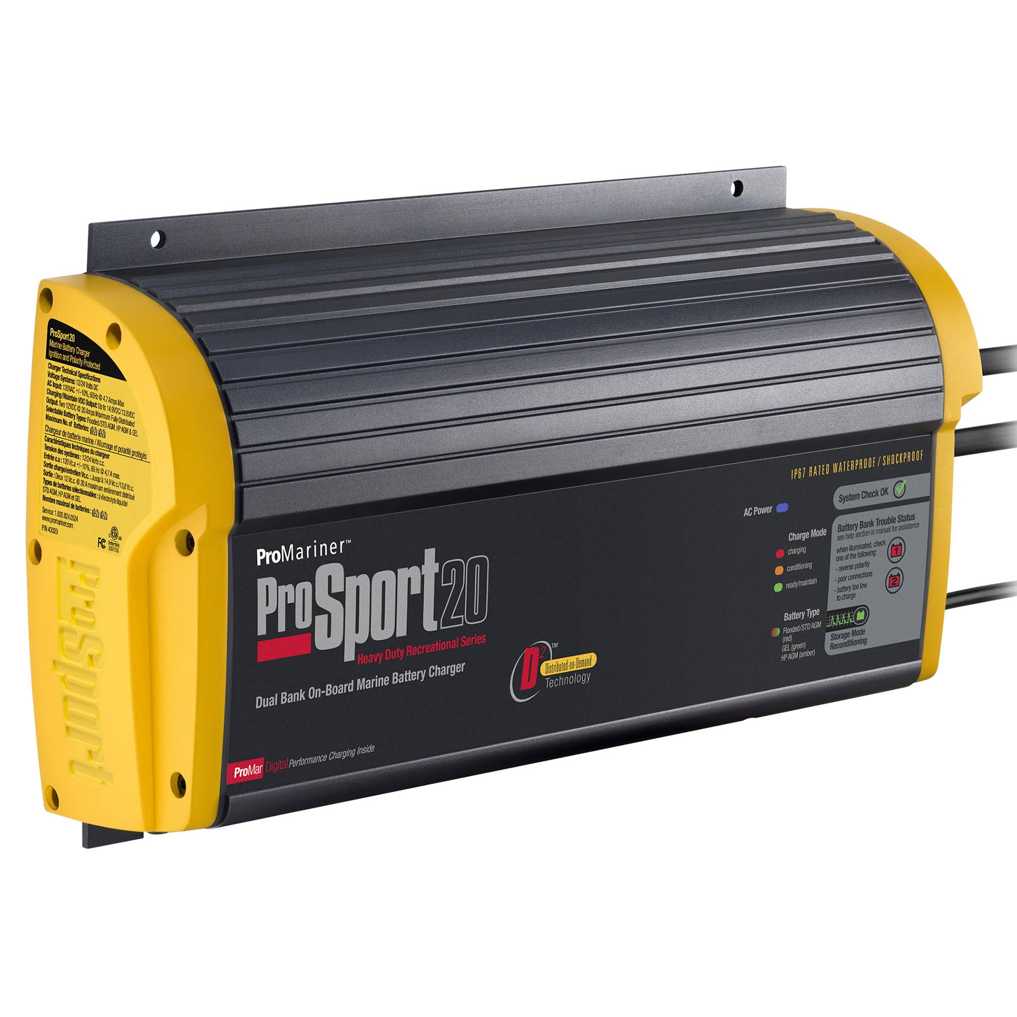 ProMariner Prosport 20 PFC Gen 3 Heavy Duty Recreational Series On-Board Marine Battery Charger - 20 Amp - 2 Bank