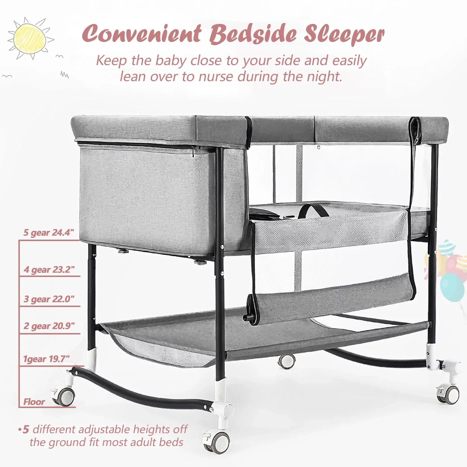 Yadala Bassinet, 4 in 1 Portable Rocking Bedside Bassinet for Baby Newborn with Mattress & Diaper Pad, Grey