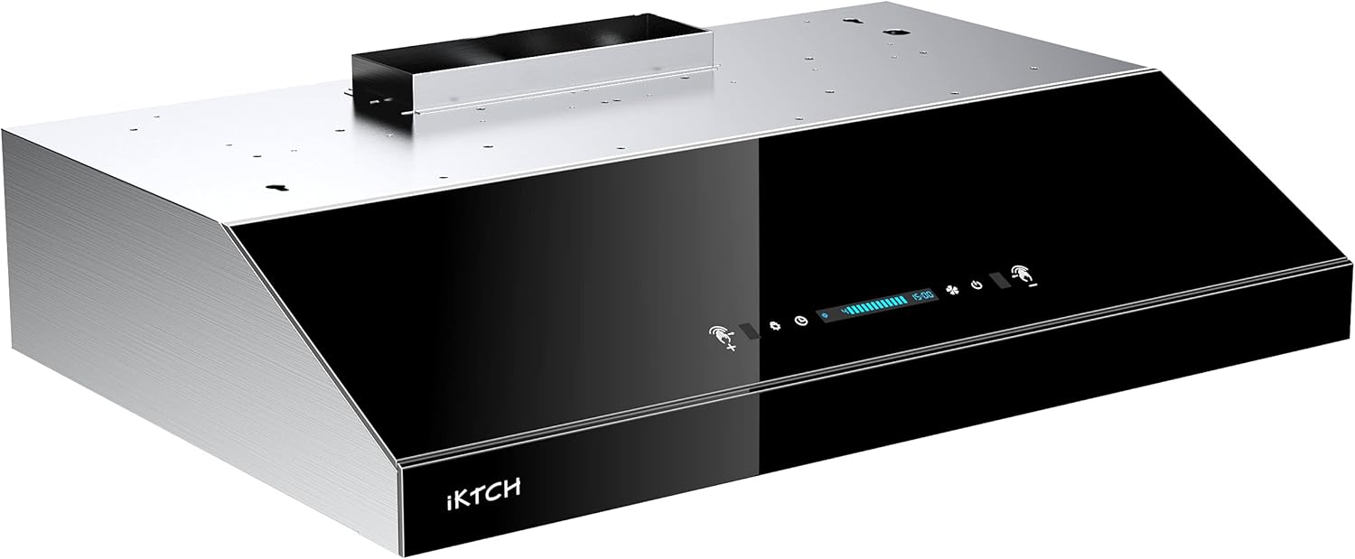 IKTCH 36'' Under Cabinet Range Hood, 900 CFM Stainless Steel & Tempered Glass Kitchen Chimney Vent with Gesture Sensing & Touch Control IKC02-36B