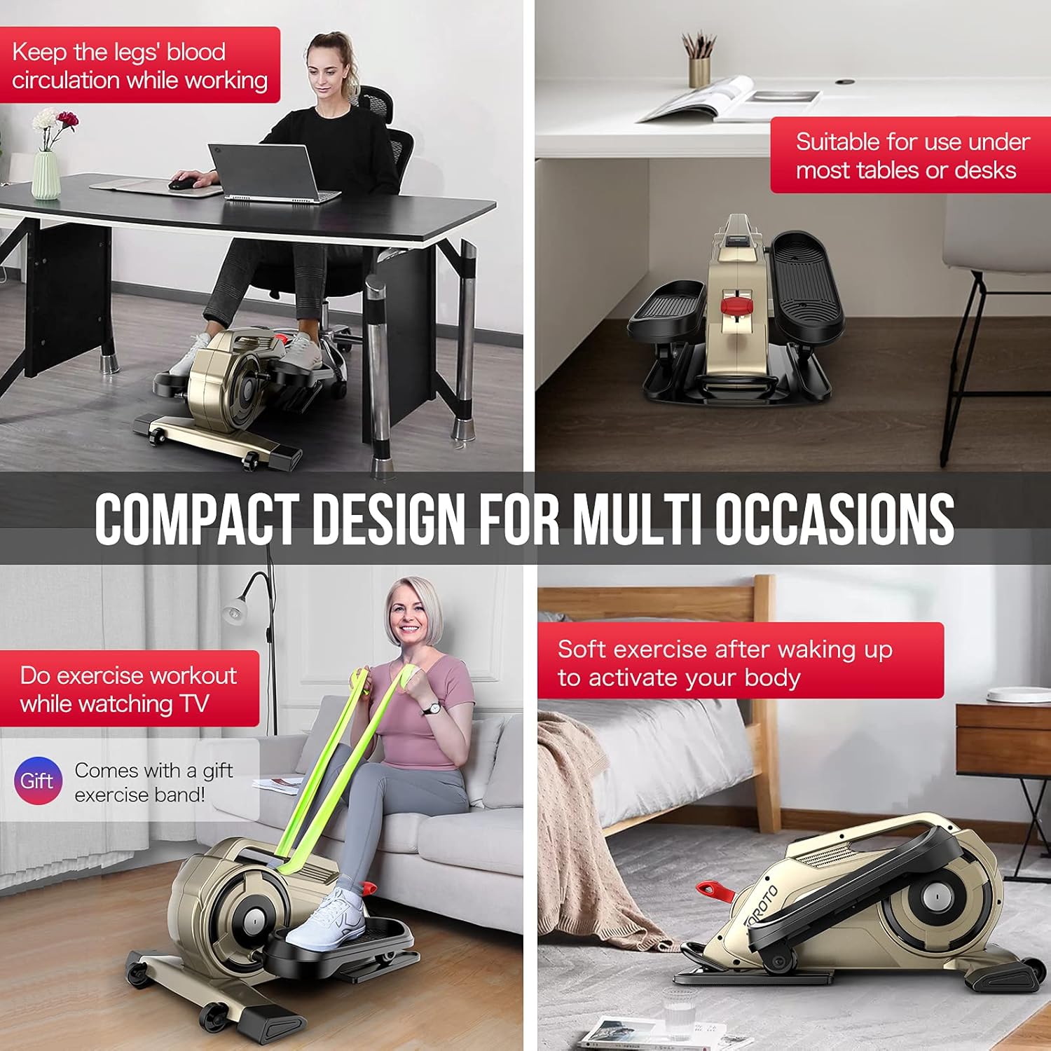 JOROTO ME12 Mini Stepper Gold Seated Mini Desk Elliptical, Under Desk Bike Pedal Exerciser for Home Office, Desk Cycle Exerciser
