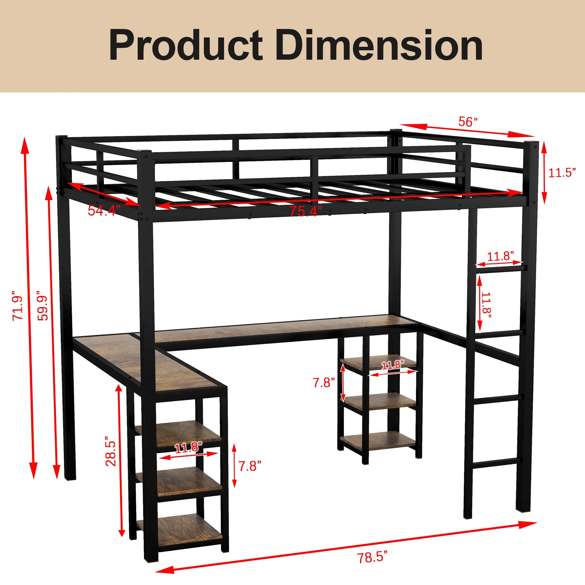 Bellemave Full Size Loft Bed with Desk and Shelves, Metal Heavy-Duty Steel Loft Bed Frame Built-in Ladder for Boy Girls Teens Kids Adults(Black）
