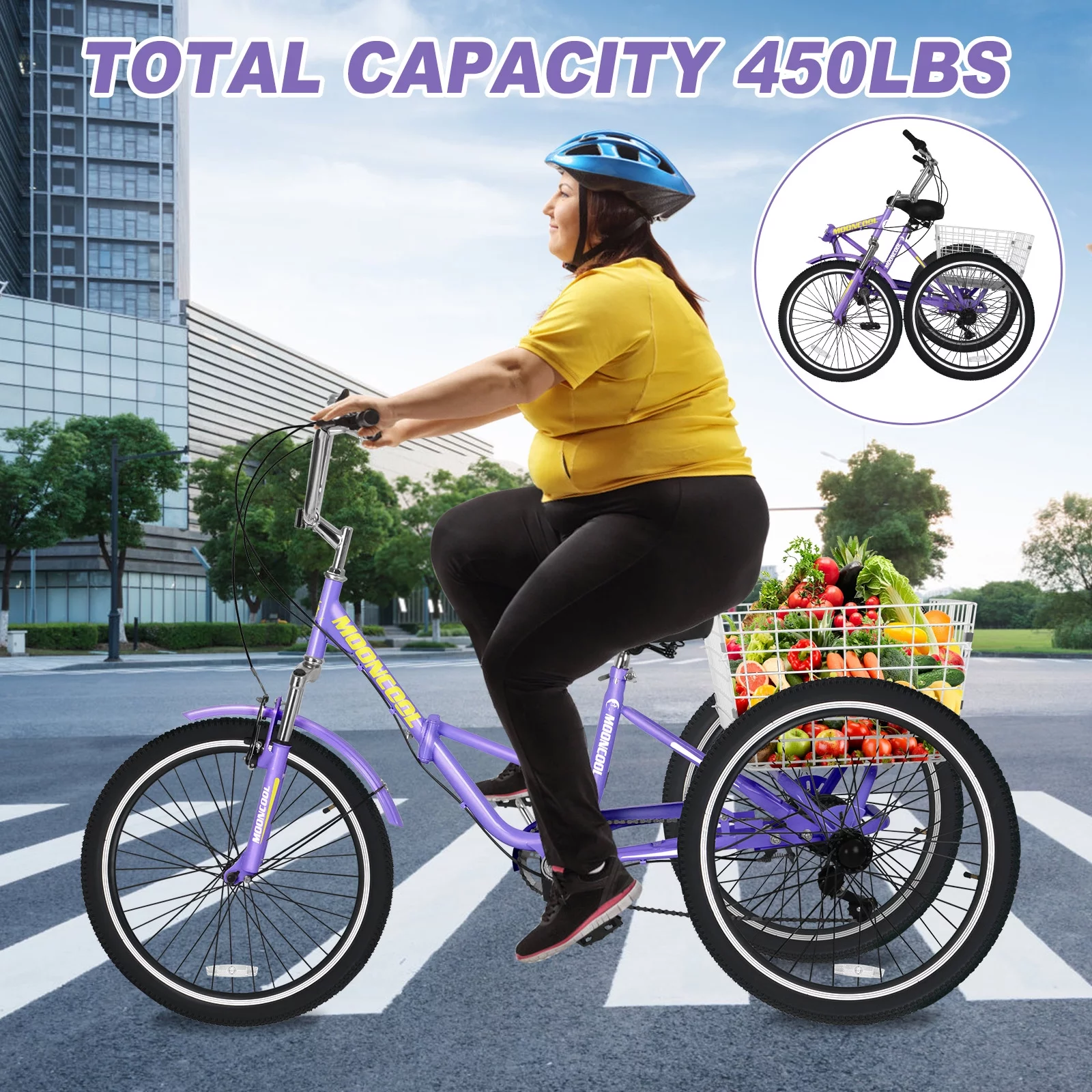 LILYPELLE 24 Adult Tricycle 7 Speed, Three Wheel Bikes for Adults 400lbs,Low-Step Through Trike Cruiser for Exercise Shopping Outdoor Activities,Cyan