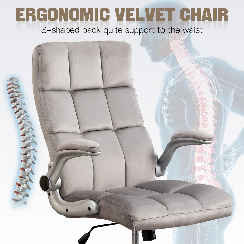 Velvet Office Chair for Home Office Desk Chair Comfy Computer Chair, Home Office Chairs with Wheels and Flip-Up Arms, High Back Cute Office Chair Work Chair (Grey)