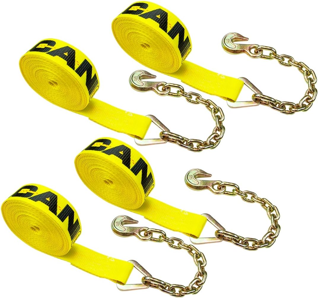 VULCAN Winch Strap with Chain Anchor - 2 Inch x 27 Foot - 4 Pack - Classic Yellow - 3,600 Pound Safe Working Load