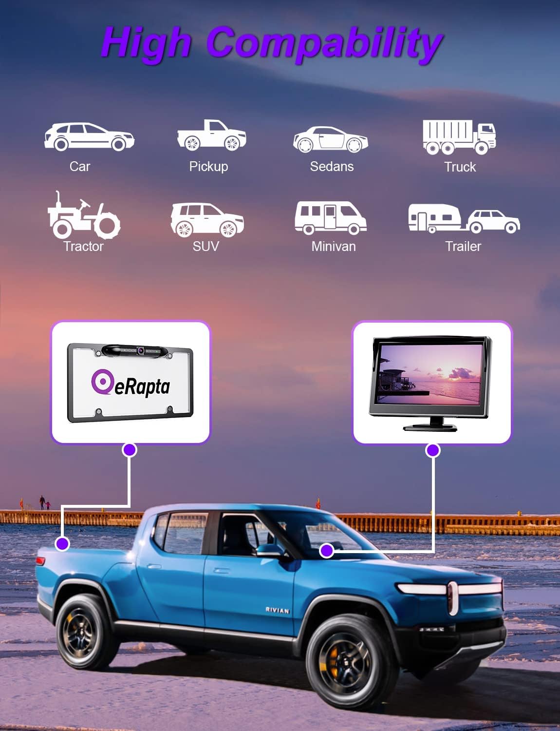 eRapta Backup Camera for Car, 1080P Back UP Camera License Plate Frame with 5 Inch Monitor, Wired Rear View Camera for Truck SUV Pickup, 170° Angle Reverse Camera IR Night Vision IP69 Waterproof, EM43 Pack of 2