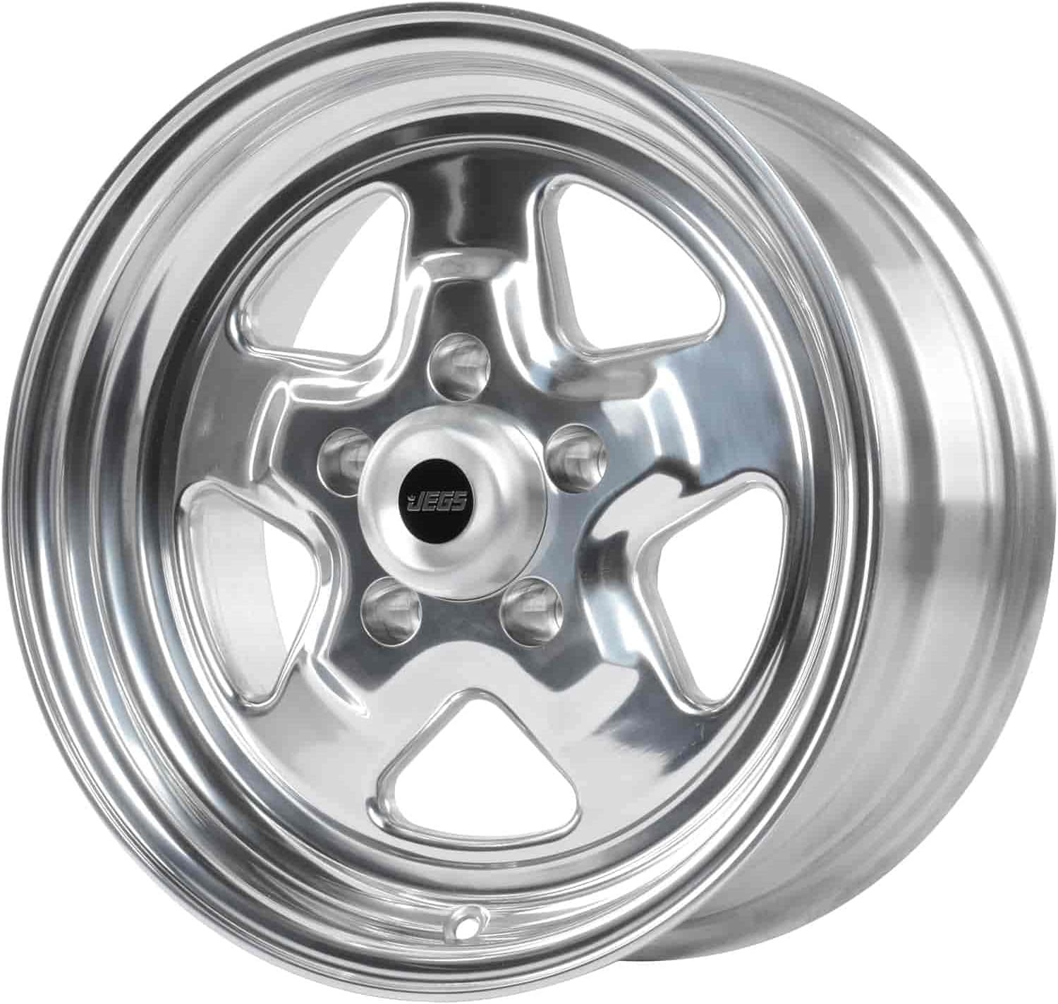 JEGS Sport Star Aluminum Wheel 15” x 7” | 5 x 4.5” Wheel Bolt Pattern Spacing | 0 mm Offset | 4” Backspacing | Polished Finish | 3.27” Center Bore | Includes Center Cap