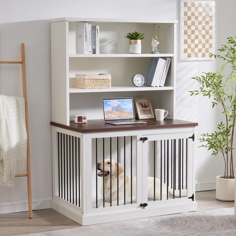 Large Dog Crate Furniture, 43.3” Indoor Dog Kennel Furniture Style House with 3-Layer Storage Shelves, Wooden Decorative Pet House End Side Table, White - Curated Treasures Market