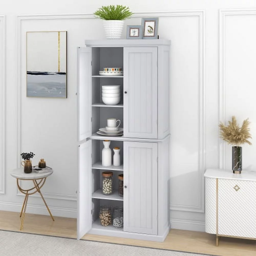 Freestanding Tall Kitchen Pantry, 72.4" Minimalist Kitchen Storage Cabinet Organizer with 4 Doors and Adjustable Shelves, White - Curated Treasures Market