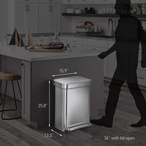 simplehuman 45 LITER Rectangular Kitchen Step Soft-Close, Brushed Stainless Steel with Plastic Lid Hands-Free Trash Can