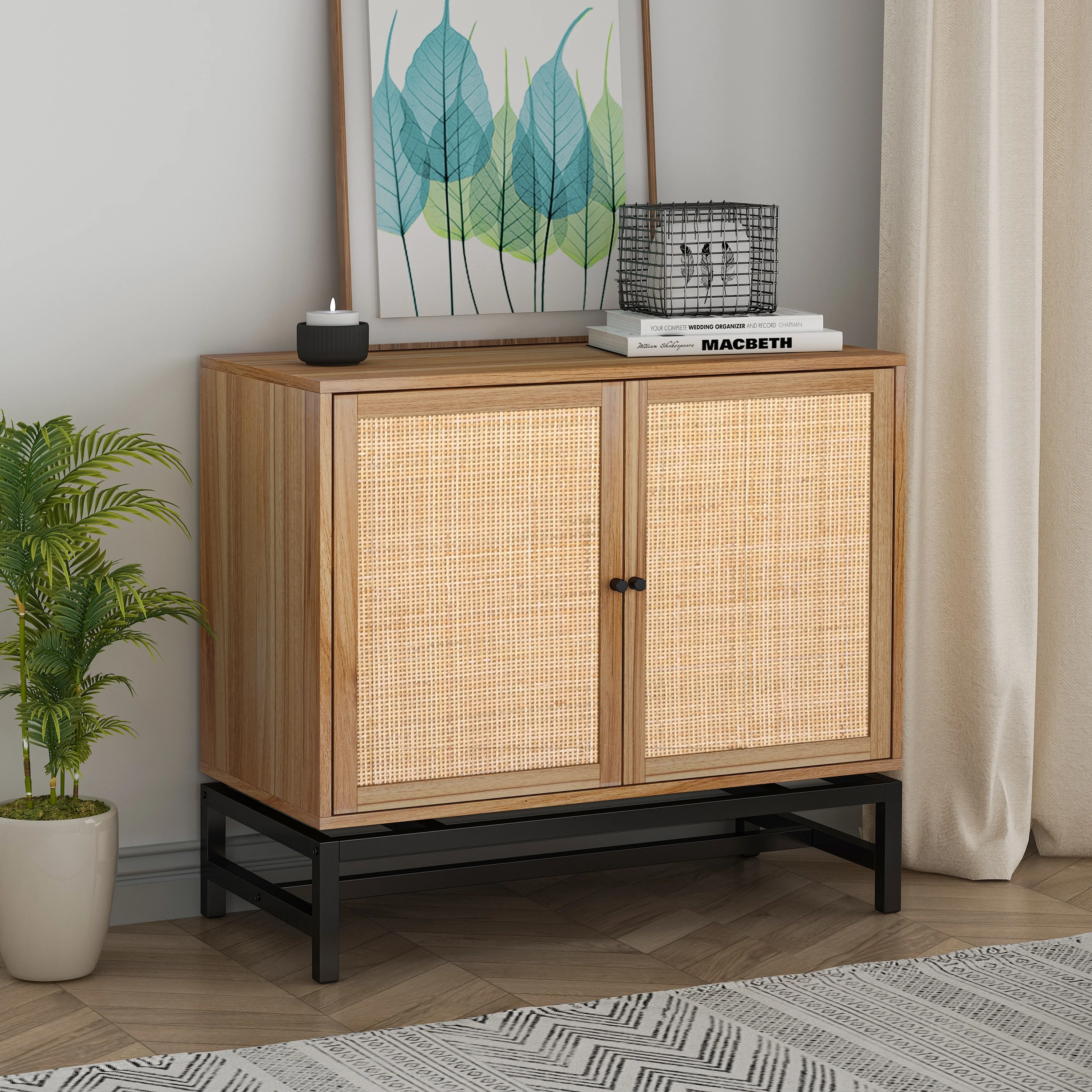 Natural Rattan Storage Cabinet with 2 Doors and 1 Adjustable Interior Shelf Walnut