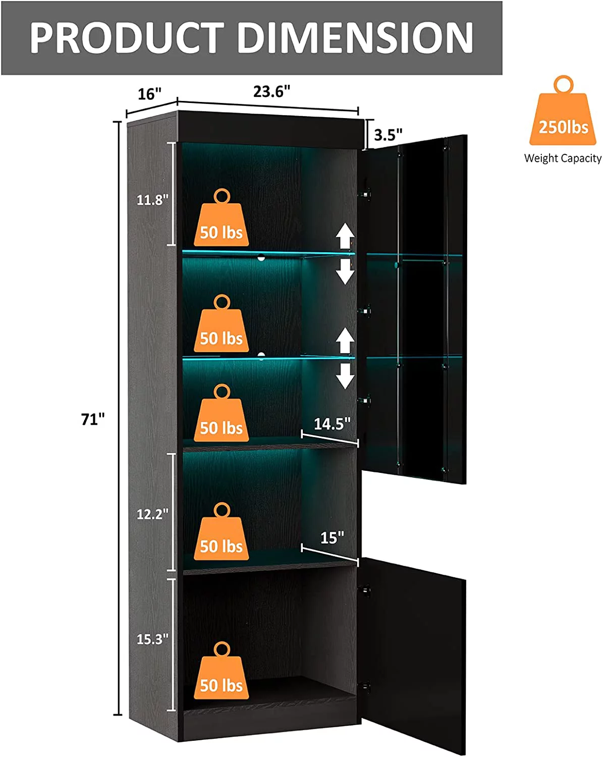 AMERLIFE 2 Piece Bookcase Storage Cabinet, Modern Wood High Gloss LED Bookshelf Display with 3-Tier Adjustable Glass Shelves&Lower Storage for Living Room Bedroom Study Office, Black