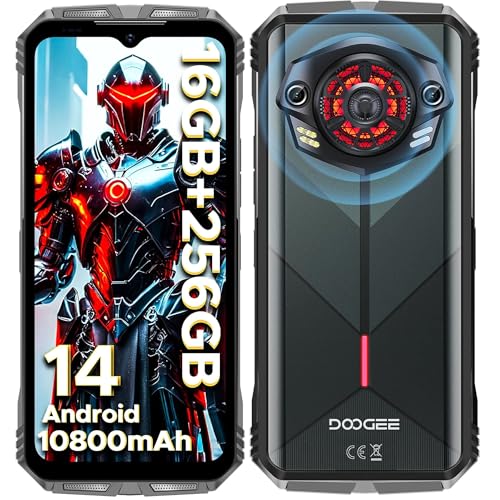 DOOGEE S Punk Rugged Smartphone Unlocked, 10800mAh Battery Rugged Phone, 16GB+256GB Cell Phone Android 14, 126dB Speaker, 6.58" FHD+90Hz,50MP+16MP,LED Light/Dual SIM/NFC/OTG/Face ID/Fingerprint, Dark